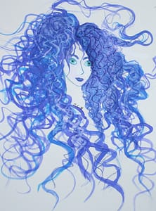 [Justine CM] Femme aux longs cheveux bouclés partant dans tous les sens et aux yeux turquoise. Entièrement à l'encre à dessiner. Achevé en septembre 2020