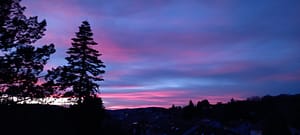 [Justine CM] Crépuscule avec un ciel d'un bleu soutenu, parcouru de nuances roses assez vives. On voit des arbres à gauche.