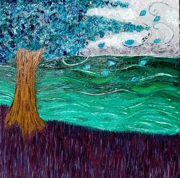 [Justine CM] Paysage avec de l'herbe violine et pourpre, un arbre au tronc brun doré, aux fleurs bleu turquoise à bleu marine, une mer vert turquoise de près et vert émeraude au loin, ciel blanc-gris avec des pétales bleus charriés par le vent. Achevé en décembre 2021