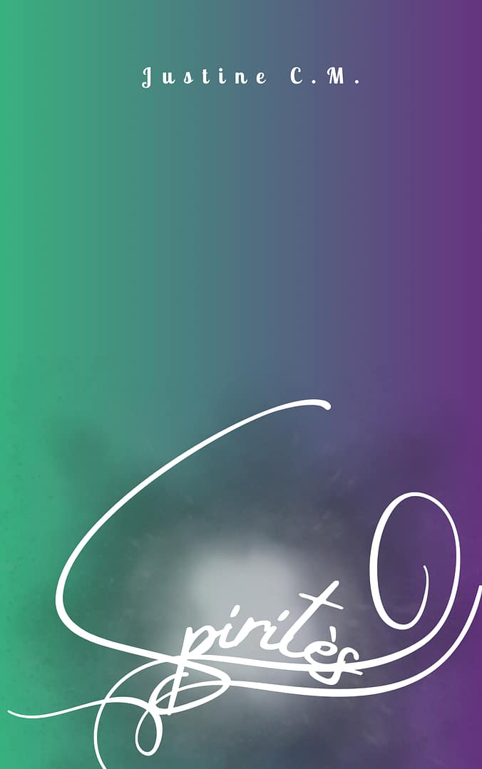 [Justine CM]Couverture générale de mon projet Spiritès. Cosmos avec plusieurs galaxies, et en bas un vague paysage montagneux et forestier, d'où une lumière forte jaillit. Il y est écrit le titre "Spiritès". Justine C.M. est écrit au-dessus de la couverture, en plus petit.Couverture bricolée sur Canva.